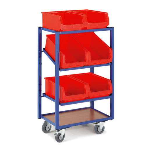 Rollcart Shelf trolley with inclinable shelves for open-fronted storage bins, load capacity 200 kg, 4 Shelves