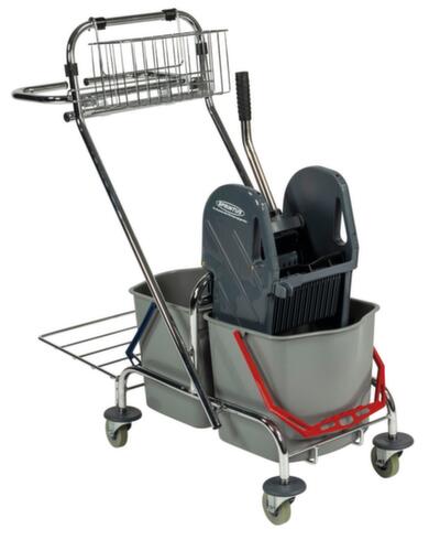 Wet mop trolley with mop press and bin liner holder, 2x17 l Bucket in red/blue