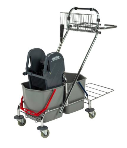 Wet mop trolley with mop press and bin liner holder, 2x17 l Bucket in red/blue
