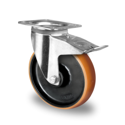 Cascoo Swivel castor with total brakes, load capacity 500 kg, Polyurethane tires