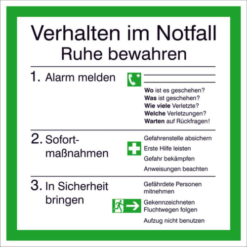 Notice SafetyMarking® for operation, "Behavior in an emergency"