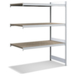 Wide span shelving with wooden shelves