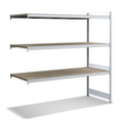 Wide span shelving with wooden shelves