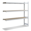 Wide span shelving with wooden shelves