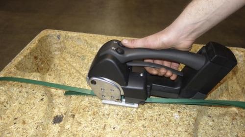 Battery-powered tensioning/sealing tool for PET strapping, for bandwidth 13 - 16 mm