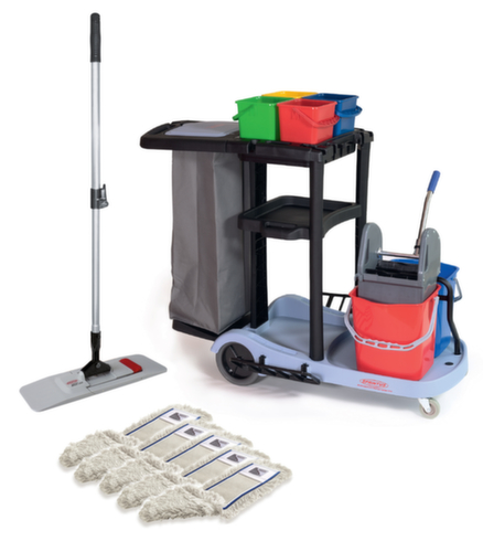 Cleaning trolley set with 5 wide mops, 4x4 l/2x17 l Bucket in red/blue/green/yellow