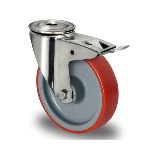 Cascoo Back-hole swivel castor with total brakes, load capacity 300 kg, Polyurethane tires