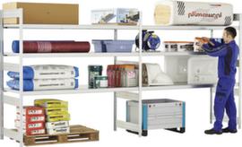 Wide span shelving with wooden or steel shelves