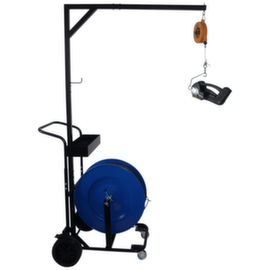 Roll-off trolley with suspension device for strapping tool