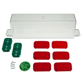 Escape door hood set GfS Typ E, 1 x hood, 2 x lower panels green, 6 x upper panels red, 1 x pictogram