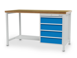 Bedrunka + Hirth Workbench with beech multiplex top, 4 drawers, 1/2 shelf, RAL7035 light gray/RAL5012 Light blue