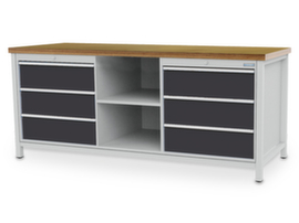 Bedrunka + Hirth Workbench with back panel, 6 drawers, 2 shelves, RAL7035 light gray/RAL7016 anthracite gray